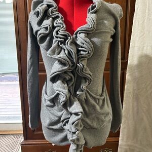 Etcetera Heather Gray Ruffle-Trim Open Cardigan